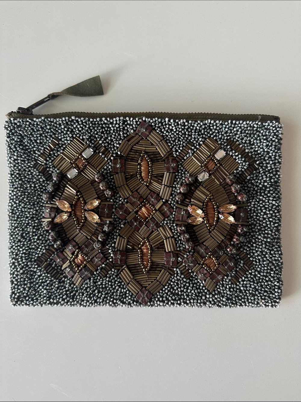 Anthropologie Beaded Embellished Clutch Pouch in Olive and Metallic Bronze